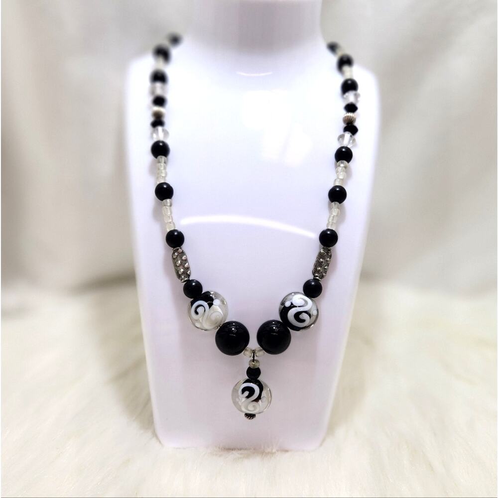 Black White Silver Glass Bead Necklace Vintage Statement Cocktail Evening Wear